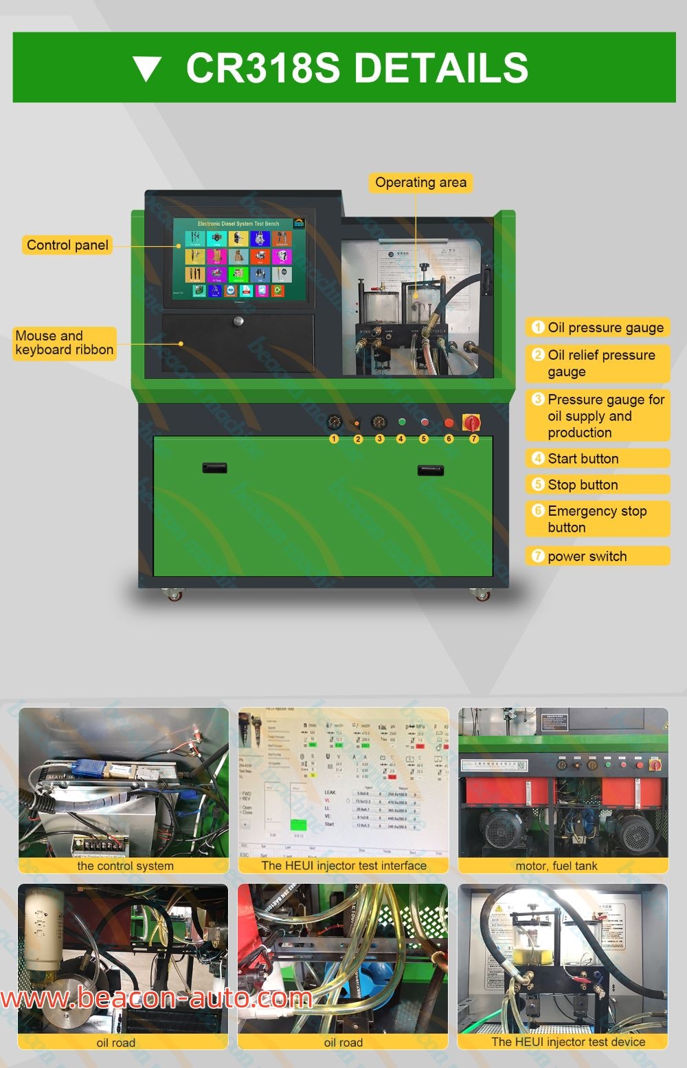 Detalles del banco de pruebas del inyector CR318S HEUI