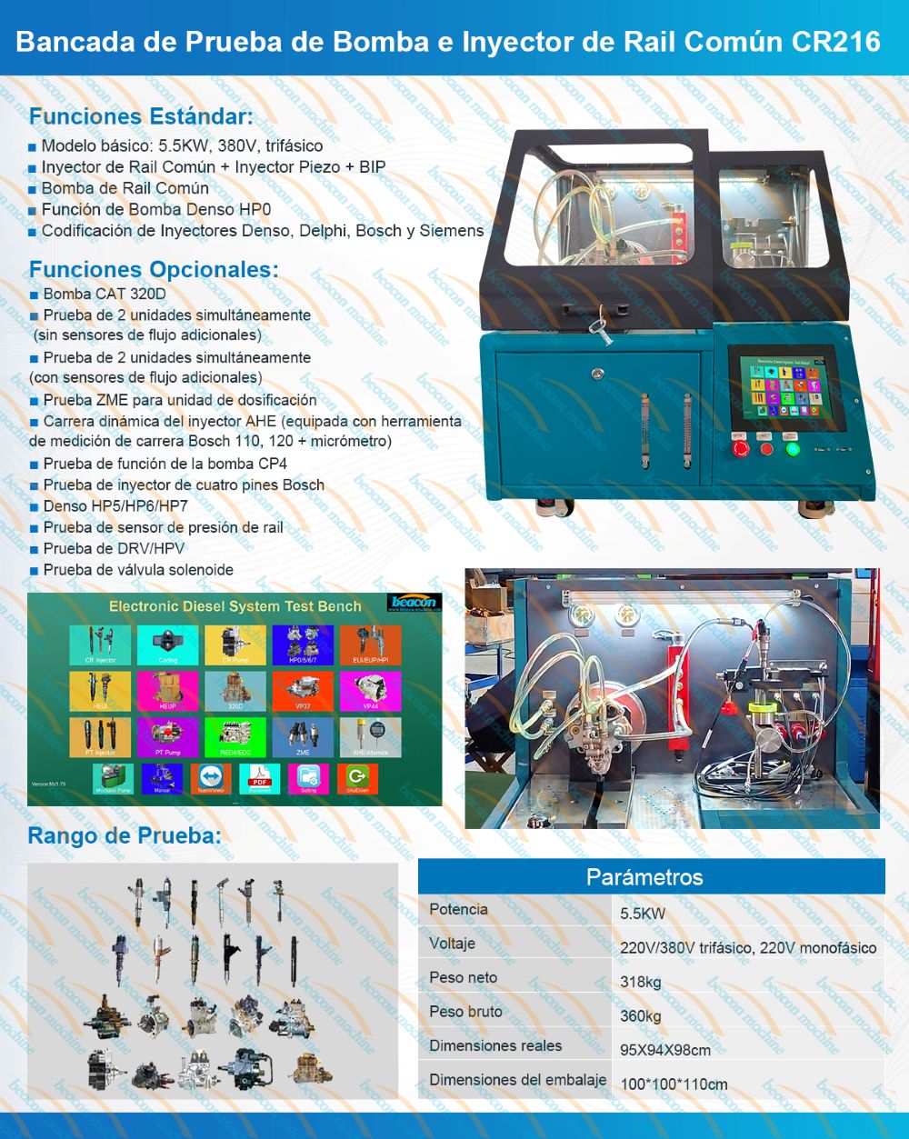 Detalles del banco de pruebas de la bomba de inyector common rail CR216